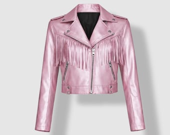 Pink Leather Fringe Biker jacket Women Cropped Moto Tassel Western Style Gift for Her