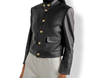 Damen Black Military Lederjacke Gold Button Cropped Designer Fashion Oberbekleidung Eleganter Stil