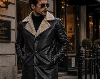 Mens Black Leather Shearling Coat Fur Lined Long Winter Jacket Warm Overcoat