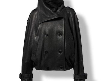 Women's Black Leather Cropped Jacket Oversized High Collar Double Breasted Modern Outerwear