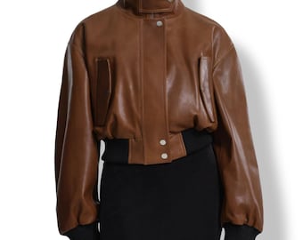 Brown Leather Bomber Jacket Women Cropped Oversized High Neck Winter Jacket