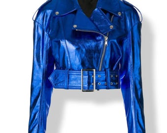 Metallic Blue Leather Jacket Women Cropped Belted Biker Moto Fashion Jacket