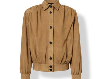 Womens Tan Suede Cropped Jacket Button Front Minimal Soft Casual Short Coat Outerwear