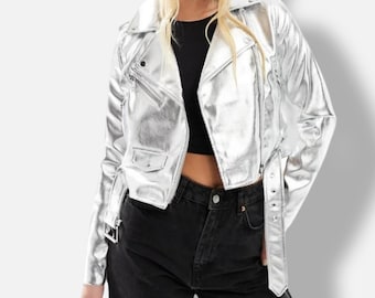 Women's Silver Leather Cropped Jacket Metallic Biker Moto Style Zip Fashion Outerwear