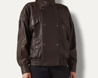 Damen Dunkelbraun Leder Bomberjacke Übergroße High Neck Vintage Mode Oberbekleidung Stilvoll