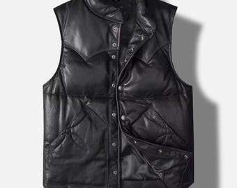 Mens Black Leather Puffer Vest Quilted Sleeveless Jacket Snap Button Winter Outerwear