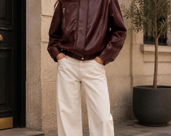 Women's Burgundy Leather Jacket, Cropped Moto Bomber, High Neck Zip Up