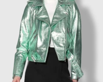 Women Metallic Leather Jacket Green Cropped Moto Biker Slim Fit Fashion Jacket