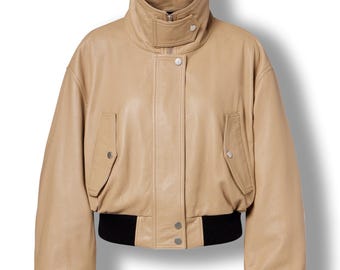 Women Bomber Leather Jacket Beige Cropped Oversized High Neck Winter Jacket