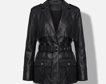 Women Black Leather Fringe Jacket Belted Structured Western Style Fashion Coat