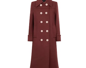 Burgundy Double Breasted Wool Blend Long Coat – Elegant Minimalist Winter Overcoat