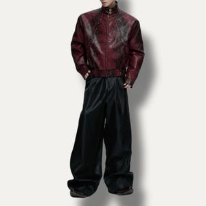 Men's Burgundy Snakeskin Leather Jacket, Python Print Bomber, Handmade Zip Jacket, Exotic Streetwear Outerwear