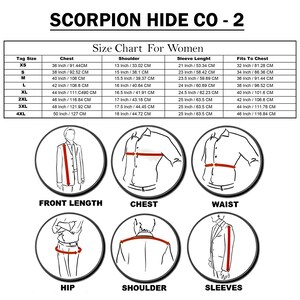May include: A size chart for women's clothing from Scorpion Hide Co - 2. The chart includes measurements for chest, shoulder, sleeve length, and fits to chest, with sizes ranging from XS to 4XL. Diagrams illustrate how to measure front length, chest, waist, hip, shoulder, and sleeves.