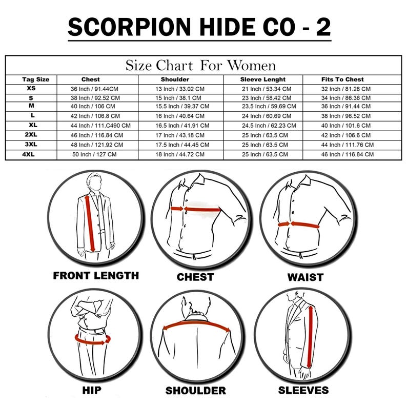 May include: A size chart for women's clothing from Scorpion Hide Co - 2. The chart includes measurements for chest, shoulder, sleeve length, and fits to chest, with sizes ranging from XS to 4XL. Diagrams illustrate how to measure front length, chest, waist, hip, shoulder, and sleeves.