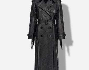 Women Black Leather Trench Coat Belted Fringe Long Double Breasted Stylish Coat