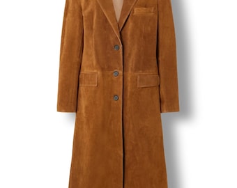 Brown Suede Coat Women Long Tailored Overcoat Elegant Winter Jacket Minimal Style