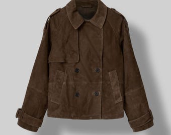 Womens Brown Suede Cropped Trench Jacket Double Breasted Vintage Style Short Coat Outerwear