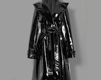 Damen Schwarz Lackleder Trenchcoat Gürtel Lange Glänzende Statement Oberbekleidung Mode