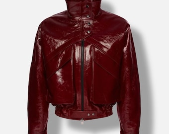 Women's Red  Patent Leather Cropped Jacket High Neck Zip Front Biker Style Outerwear