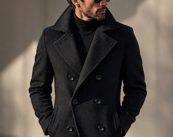 Men’s Black Wool Peacoat Double Breasted Winter Coat Classic Tailored Overcoat Gift