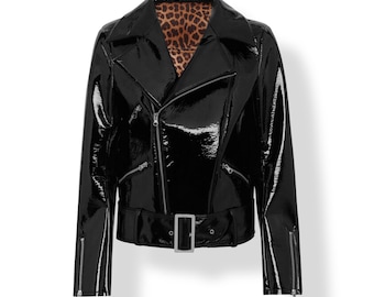 Damen Schwarz Lackleder Bikerjacke Gürtel Moto Glossy Cropped Fashion Oberbekleidung