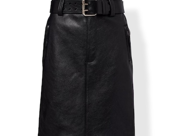Women's Black Leather Mini Skirt Belted High Waist A Line Classic Short Skirt
