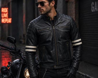 Mens Black Leather Biker Jacket White Stripe Cafe Racer Slim Fit Motorcycle  Jacket