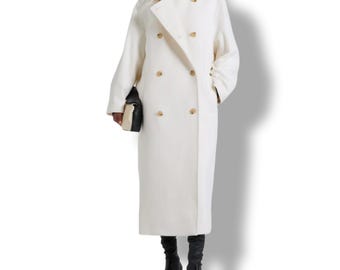 Women's off white Long Coat Double Breasted Wool Overcoat Minimal Elegant Winter Outerwear