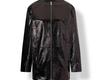 Schwarzer Krokodilledermantel für Damen Glänzende Übergroße Reißverschlussjacke Minimalistische Luxusoberbekleidung
