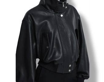 Black Leather Bomber Jacket Women Cropped Oversized High Neck Winter Jacket