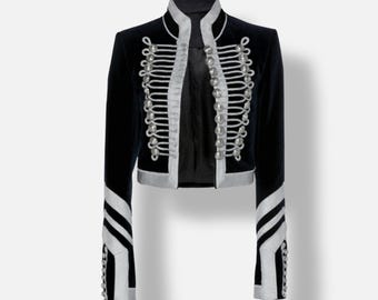 Women's Black Military Jacket Hussar Style Cropped Coat Silver Braided Gothic Victorian Band Jacket