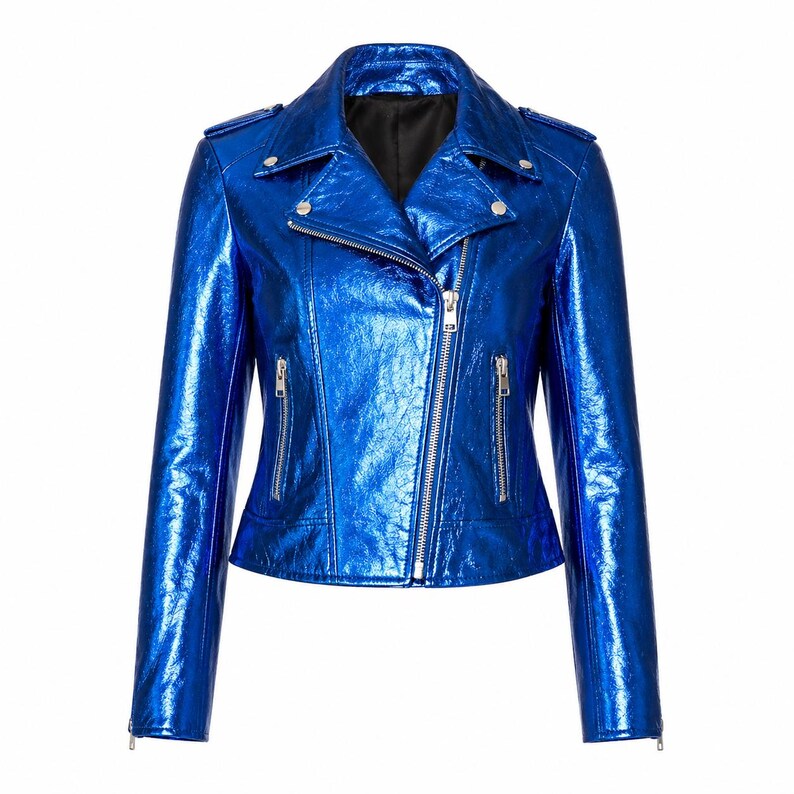 May include: A metallic blue motorcycle jacket with a classic asymmetrical zip closure. The jacket features silver zippers on the pockets and sleeves, a notched collar, and shoulder epaulets. The shiny, textured material gives it a bold, edgy look.