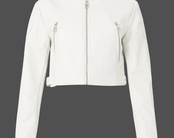 Damen Weiß Leder Kurze Moto Jacke Minimalist Zip Biker Mode Oberbekleidung Stilvoll