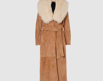 Women Camel Suede Leather Coat Fur Collar Belted Long Winter Elegant Coat