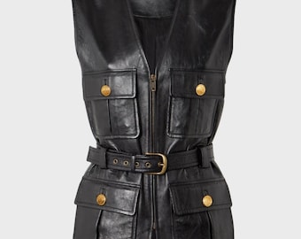 Damen schwarze Ledernutzweste Gürtel Ärmellose Jacke Taschen-Detail Mode Oberbekleidung