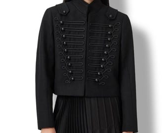 Womens Black Wool Military Jacket Hussar Band Victorian Gothic Officer Coat Custom Size