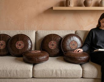 Round Leather Floor Pillow – Heritage Embroidery, Dark Brown Suede, Minimalist Decor