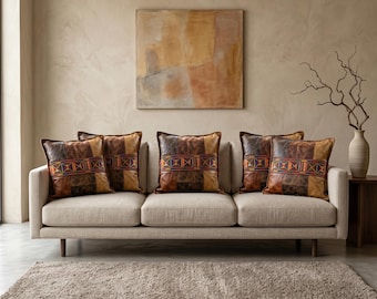 Patchwork Leather Square Cushion – Hand-Stitched Tribal Border, Suede Throw Pillow