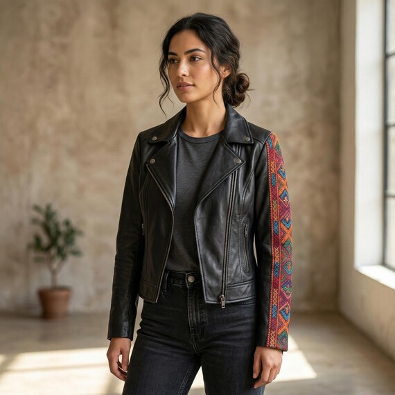 Embroidered Leather Biker Jacket: Black, Hand-Stitched Hunza Sleeve