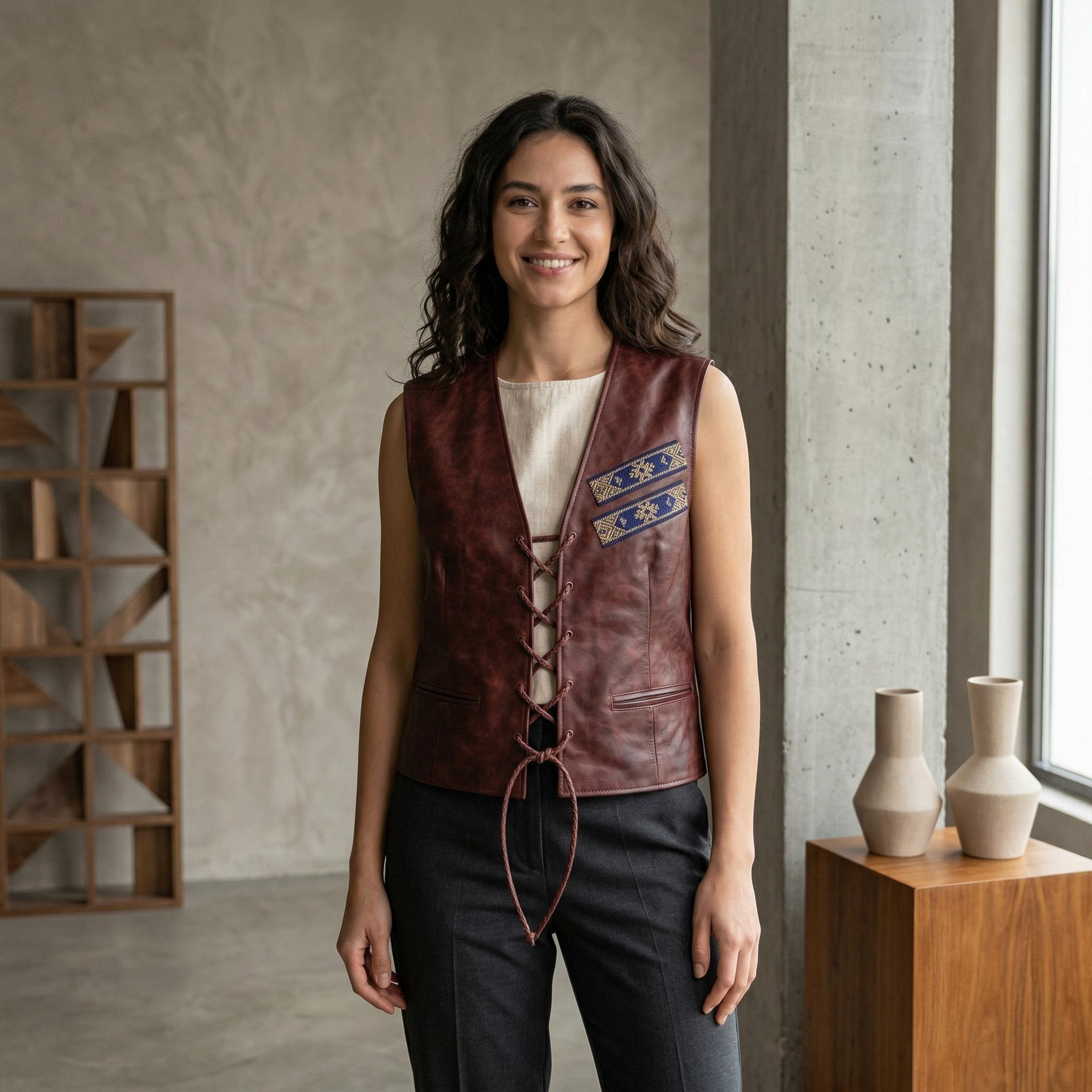 Artisan Leather Vest, Mahogany, Hand-embroidered Heritage (custom 