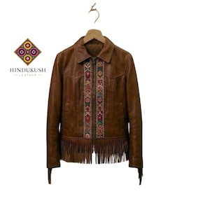 Handcrafted Fringe Leather Jacket - Western Boho Brown Leather Coat - Floral Embroidered Folk Art Outerwear - Ethno-Luxury Statement Jacket