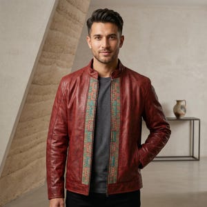 Men's Mahogany Red Leather Jacket – Hand-Embroidered Heritage Cafe Racer Style