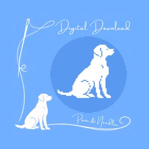 May include: A light blue digital download graphic featuring a white silhouette of a dog in a cross-stitch style, set against a blue circle. The text "Digital Download" and "Paws & Needles" are in a cursive font.