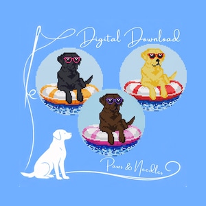 Könnte beinhalten: Digitaler Download mit drei pixeligen Labrador Retrievern, die Sonnenbrillen tragen und auf Schwimmreifen treiben. Die Hunde sind schwarz, braun und gelb, vor blauem Hintergrund. Der Text lautet "Digital Download" und "Paws & Needles."