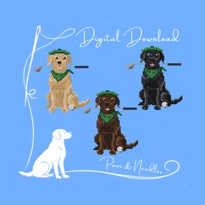 May include: Digital download featuring pixel art of three Labrador Retrievers wearing green hats and bandanas, each holding a golf club. A white outline of a dog is also present. The text "Digital Download" and "Paws & Needles" are included.