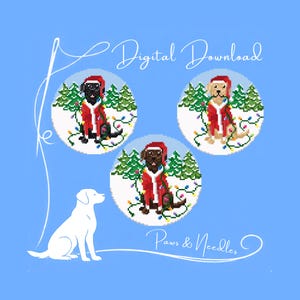 May include: Digital download graphic featuring three Labrador Retrievers dressed as Santa Claus, surrounded by Christmas trees and lights. The image includes a white dog silhouette and the text "Paws & Needles".