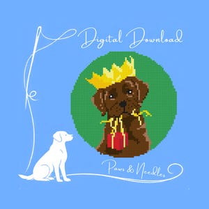 May include: Digital download image featuring a pixelated brown dog wearing a gold crown and holding a red gift. The dog is set against a green circle on a light blue background. Text includes "Digital Download" and "Paws & Needles."