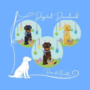 May include: Digital download featuring three Labrador Retrievers in Easter attire. Each dog wears bunny ears and holds a carrot, surrounded by Easter eggs and a basket. The image includes the text "Digital Download" and "Paws & Needles."