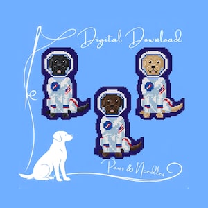 May include: Digital download featuring three pixelated dogs in astronaut suits, with a white outline of a dog on the left. The suits are white with blue and red accents. The text "Digital Download" and "Paws & Needles" are also present.