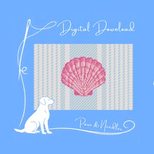 May include: Digital download featuring a pink seashell design on a striped background. The design is set against a light blue backdrop, with the text "Digital Download" and "Paws & Needles" in a script font. A white dog silhouette is also present.